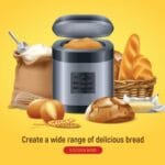 Breadmaker with loaves of bread and ingredients around on yellow background