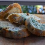 Moldy slices of bread on wooden pad