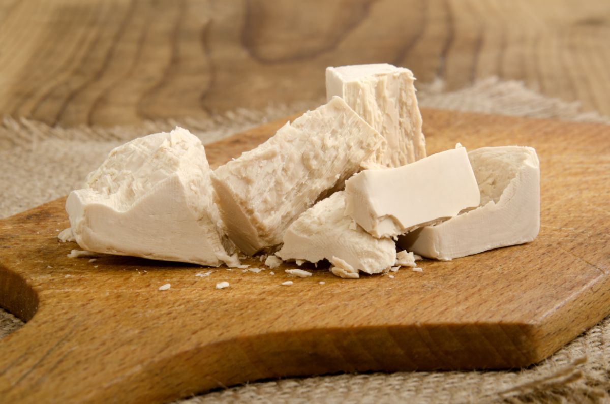 Block yeast on wooden cutting board