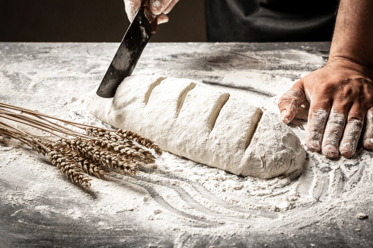 Chef cutting non baked loaf of bread with knife on table wtih spilled flour and stalks of wheat