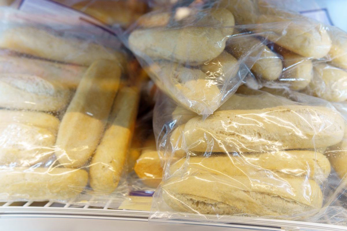Bread in plastic bags in freezer