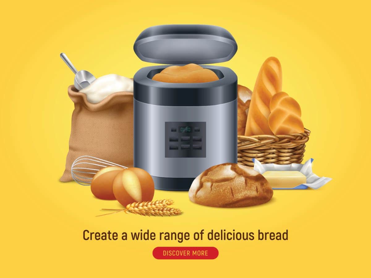 Breadmaker with loaves of bread and ingredients around, yellow background