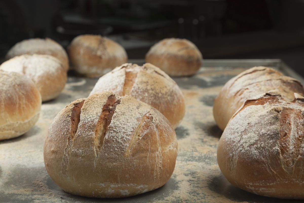 Freshly baked loaves of bread on baking sheet