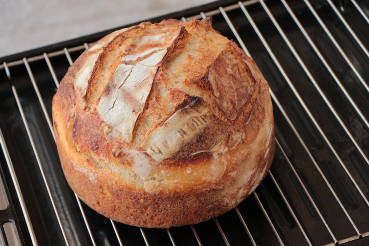Freshly baked loaf of bread on cooling rack
