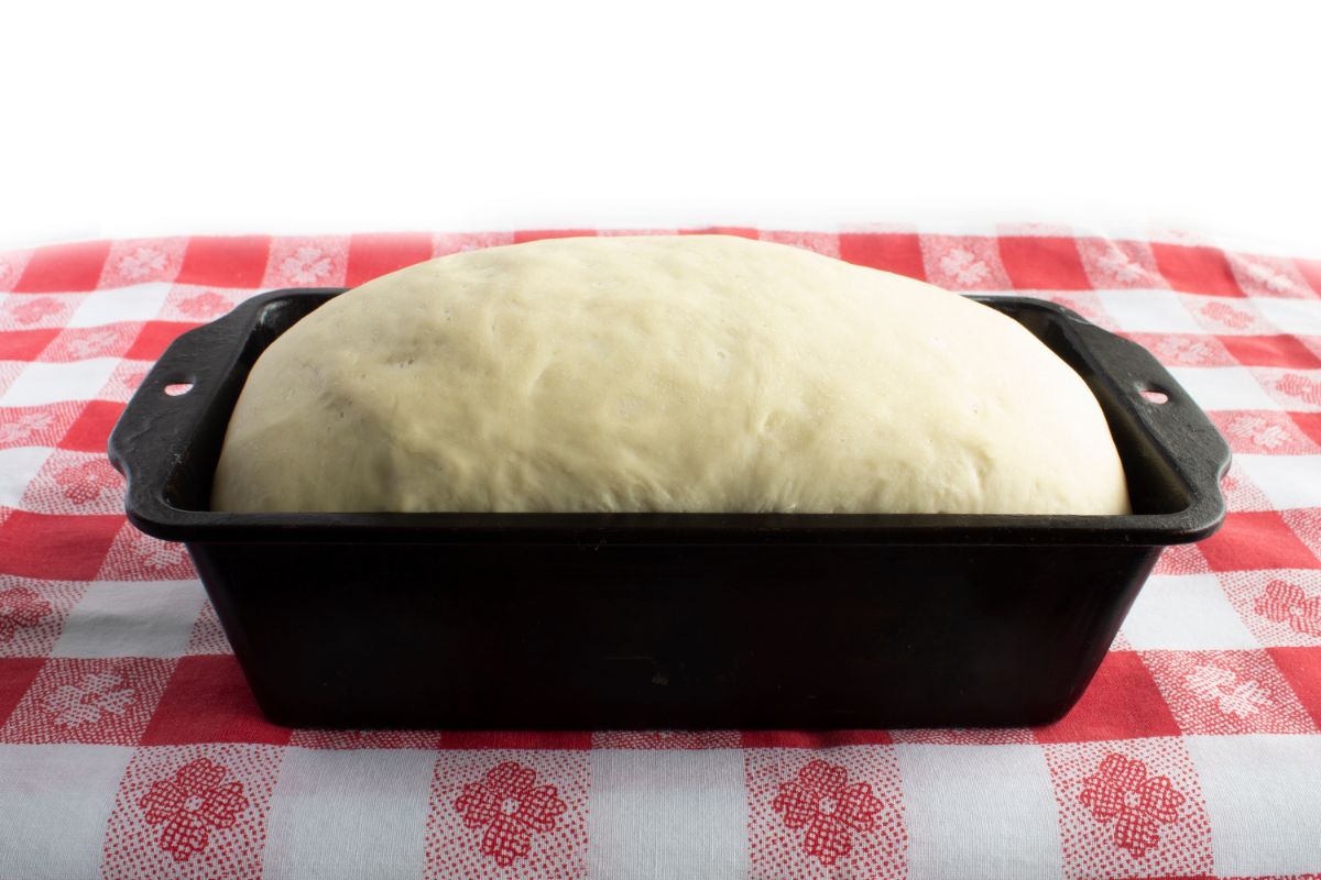 Rising bread dough in bread mold on red-white table cloth