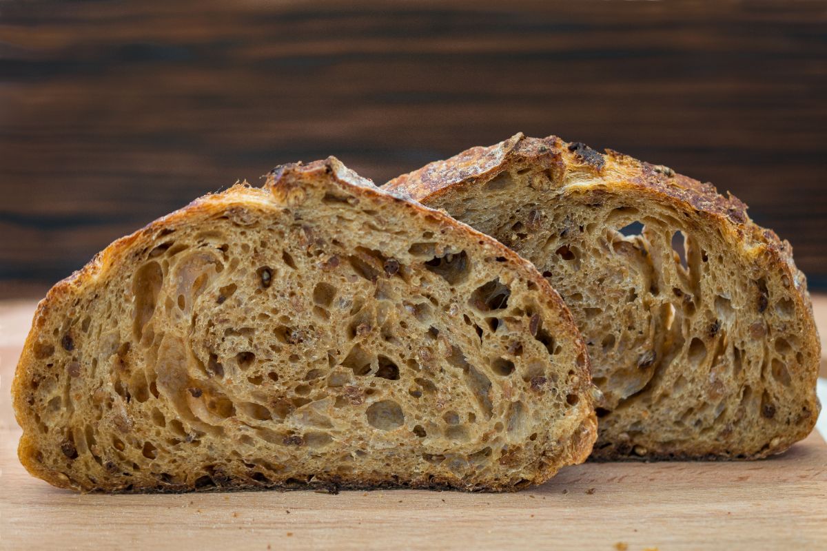 Two slices of sourdough bread on table