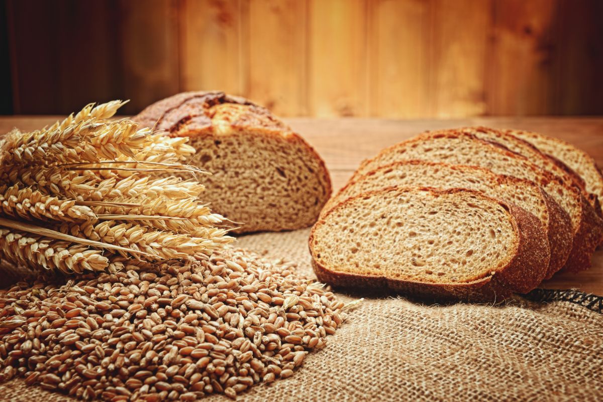 Slices of bread, stalks of wheat, wheat grain on table